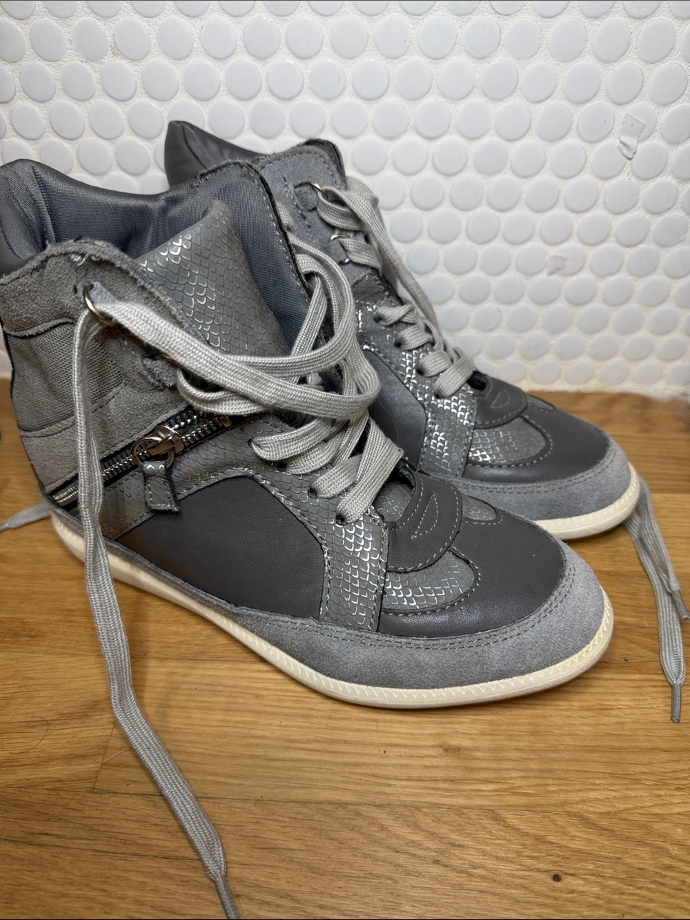 Women's Gray Wedge High-Top Sneakers with Side Zipper